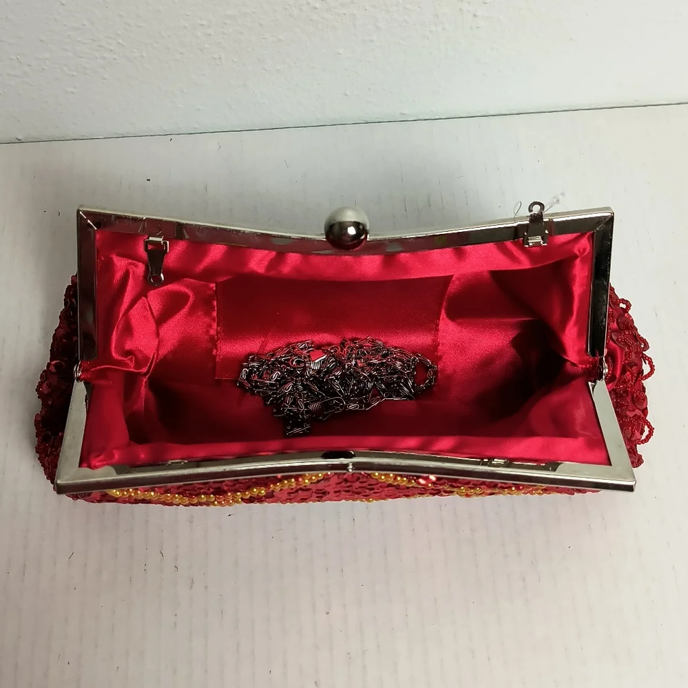 Evening Sequin Satin Mini Bag Beads Clutch Kiss Lock Red Metal Two Strap_7